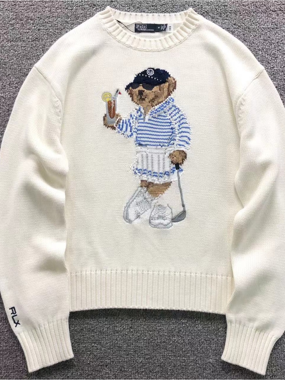 Polo by Ralph Lauren Cream Crewneck Sweater with Striped Bear Intarsia